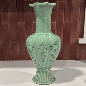 Signed Korean Celadon Crackle Vase, 12”